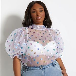 Ashley Stewart Polka Dot Sheer Puff Sleeve Top 16